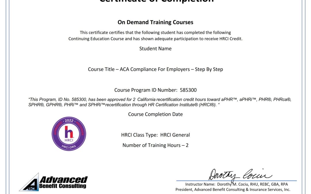 CertificateHRCI2022OnDemandACA Compliance For Employers1800